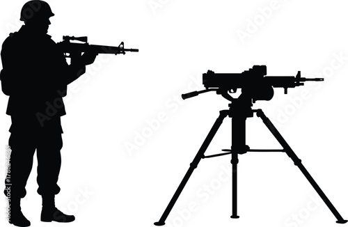 Soldier silhouette, rifle ready, machine gun tripod, military stance, battlefield posture, armed forces, combat gear, war zone, defense setup, tactical position