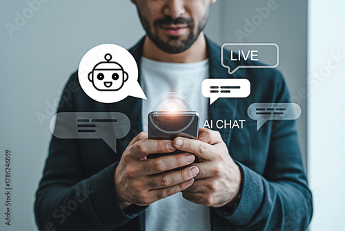 Man using ai chatbot on smartphone for customer service and virtual assistant communication technology