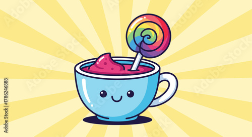 Adorable cartoon cup of pink whipped cream topped with a vibrant rainbow swirl lollipop radiating pure joy and sweetness, Generative AI