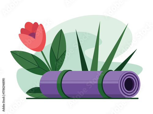 A rolled up purple yoga mat rests beside a tulip and green grass.