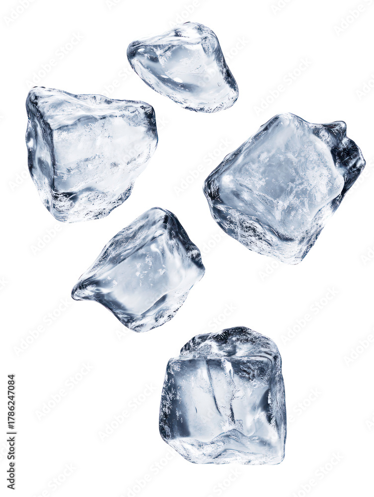 Obraz premium Five rough clear ice chunks isolated on transparent background