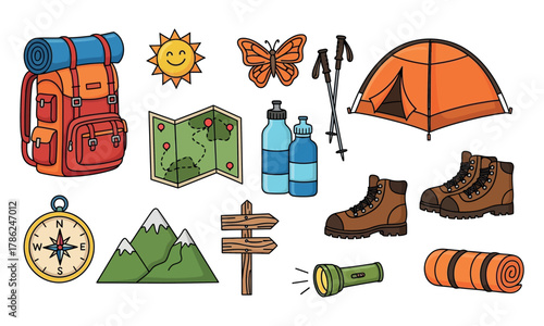 A colorful camping set with various items on the picture. Vector illustration