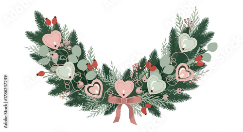 A beautifully illustrated Christmas wreath adorned with heart-shaped candles, evergreen branches, and festive berries, perfect for holiday season designs.