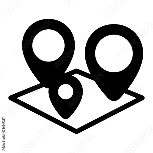 Isometric map with three location pins solid icon, info tech concept. Vector graphics. Map metrics, analytics sign on white background, style icon mobile or web design.