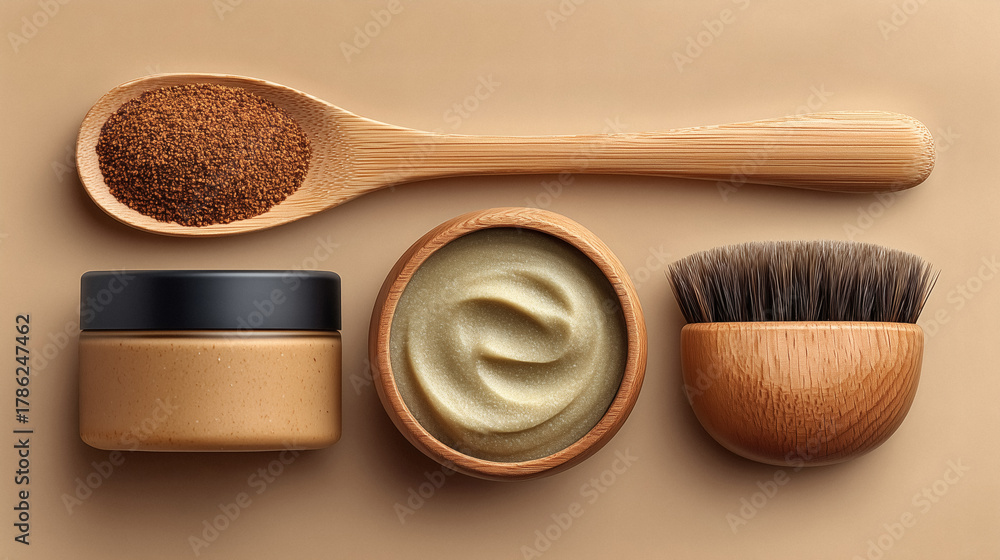 Obraz premium Luxurious spa day with natural skincare products and wooden brush to enhance beauty ritual and self-care routine