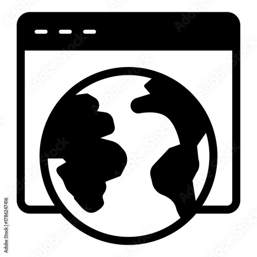 Browser website with planet solid icon, info tech concept. Vector graphics. Page of internet browser, global sign on white background, style icon mobile or web design.