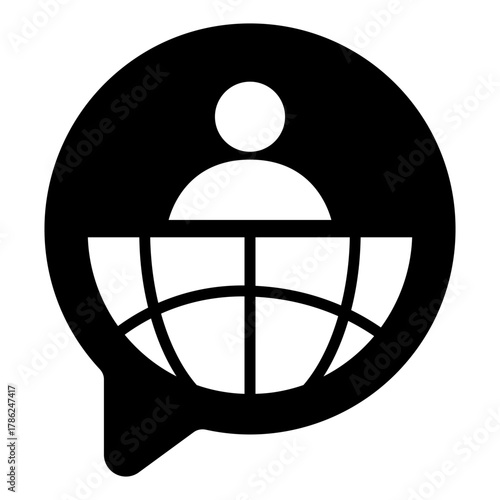 Popup bubble with globe half and user pic solid icon, info tech concept. Vector graphics. Talk dialog with world, global sign on white background, style icon mobile or web design.
