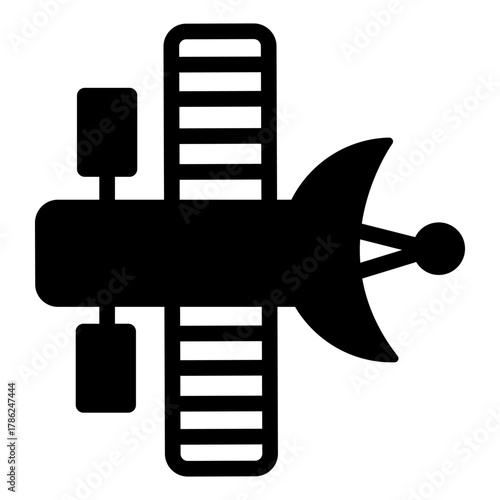 Satellite with solar panels and antenna solid icon, info tech concept. Vector graphics. GPS satellite for planet orbit sign on white background, style icon mobile or web design.