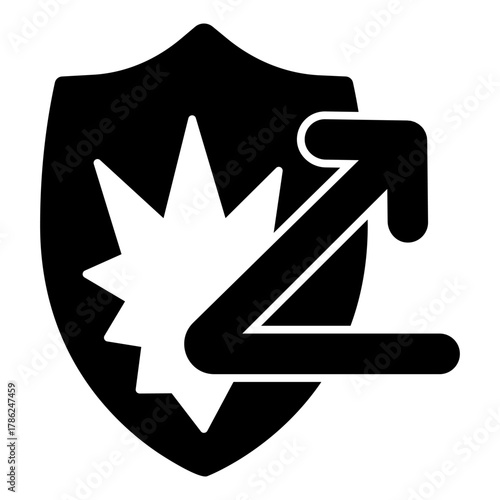 Attack shield solid icon, info tech concept. Vector graphics. Broken arrow shot and safety emblem, security sign on white background, style icon mobile or web design.