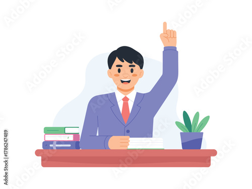 A young student eagerly raises his hand to answer a question in class.