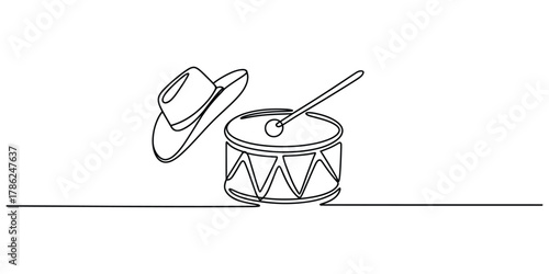 Continuous line drawing of a cowboy hat and drum with a stick