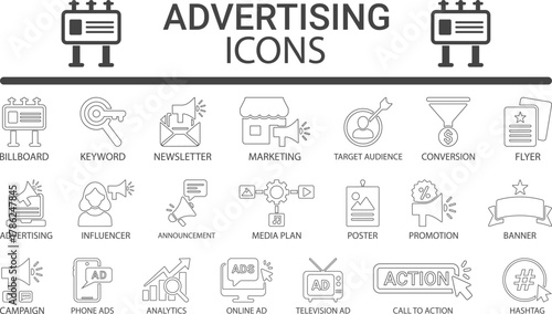 Advertising Line art icon set, Containing billboard, newsletter, advertising, media plan, promotion, keyword, campaign, marketing, line art icons set collection. illustration