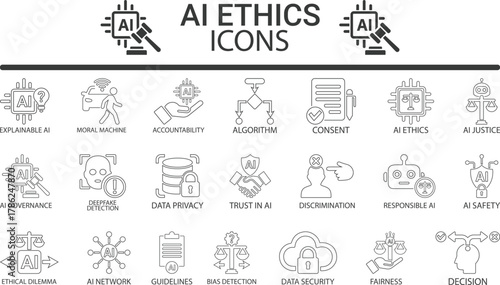AI Ethics & Fairness Line Art Icon Collection, Artificial Intelligence Guidelines and Human Rights Outline Icons
