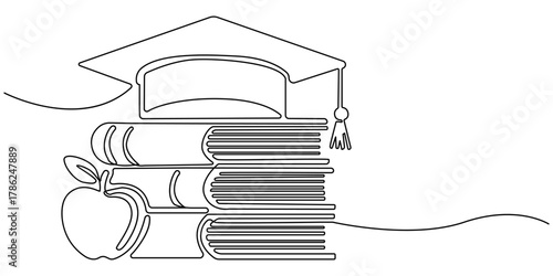 stack of books an apple a magnifying glass animation continuous one line drawing, Education and back to school isometric concept on web page onboarding screen template