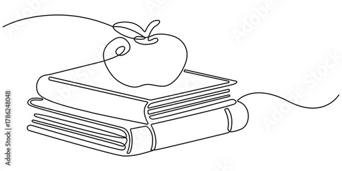 stack of books an apple a magnifying glass animation continuous one line drawing, Education and back to school isometric concept on web page onboarding screen template
