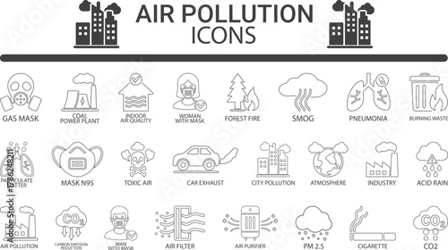 Air Pollution Outline Icons: CO2, Smog, Mask, Filter, Purifier. vector illusion icons