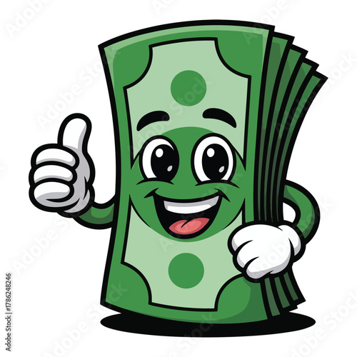 Cute cartoon money stack character giving thumbs up, smiling happy face, cheerful mascot made of green dollar bills, vector illustration, bright colors, clean outline, on white background.