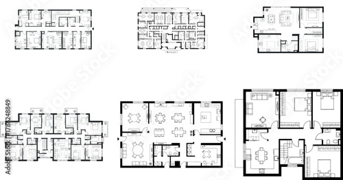 Collection of six different floor plan layouts for residential buildings