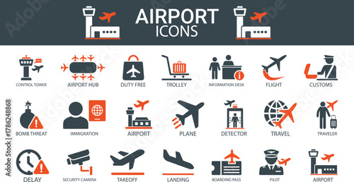 Airport icons set, Containing airport hub, airport, detector, travel, bomb threat, trolley, delay, security camera, airport, customs, immigration, Solid vector icons set collection. illustration