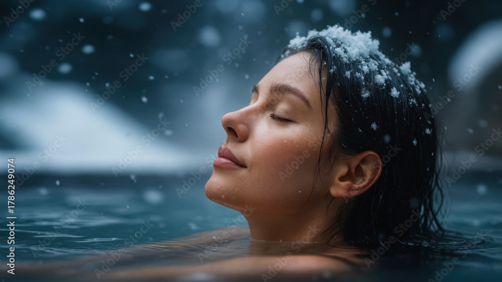 Fototapeta premium Woman Enjoying Cold Plunge in Winter Lake, Close-Up