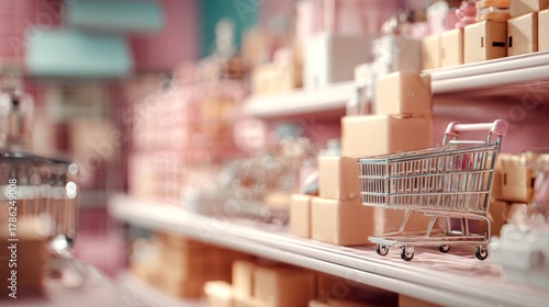 Wallpaper Mural Beauty aisle with cosmetics and shopping cart in retail store environment with warm lighting ambiance Torontodigital.ca