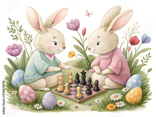 Easter bunnies playing chess in a colorful garden during spring