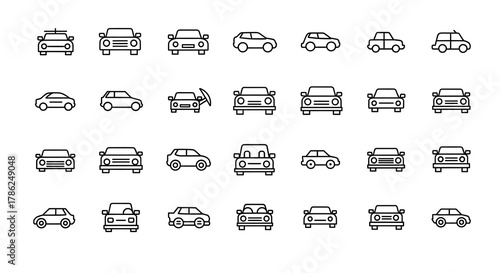 Collection of Automotive Icons: A comprehensive array of vehicle icons, rendered in a minimalist line art style, perfect for web, print, and design projects. Each icon representing a car silhouette.