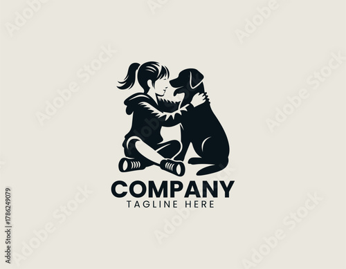 Heartwarming child and dog silhouette vector logo illustration sitting together hugging with love and loyalty. Pet care concept