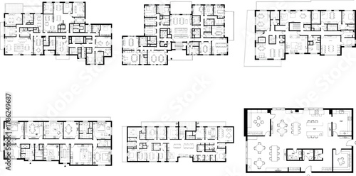 Set of six detailed floor plan blueprints for residential properties