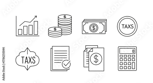 Taxation and Financial Icons: A collection of simple, black-and-white icons related to taxation and finance, including money, charts, and a calculator.