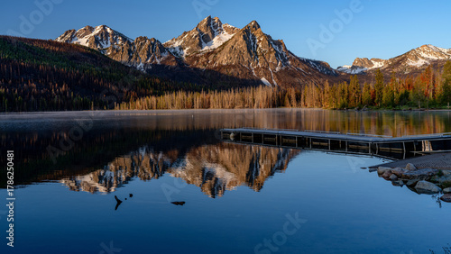 Stanley lake reflection with boat dock