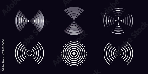 Collection of six diverse wi fi signal icons and waveform symbols on a dark background