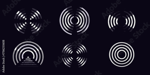 Set of abstract circular geometric graphic elements with a brushed texture on a dark background