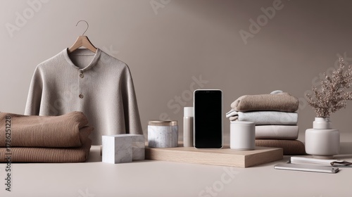 Neutral beauty and fashion scene with clothing and personal care items