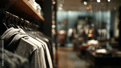 Clothing store rack with spotlight and blurred background shoppers