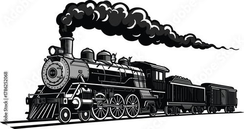 Steam locomotive illustration, vintage train, black and white, passenger car, coal tender, transportation, engine, wheels, smoke, industrial, travel, railway, retro,