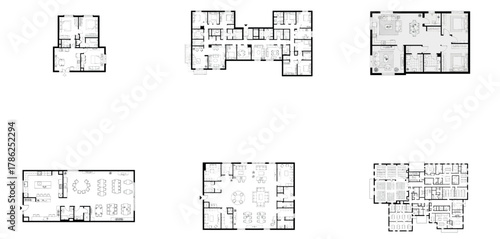 Set of six diverse architectural floor plans for various living spaces