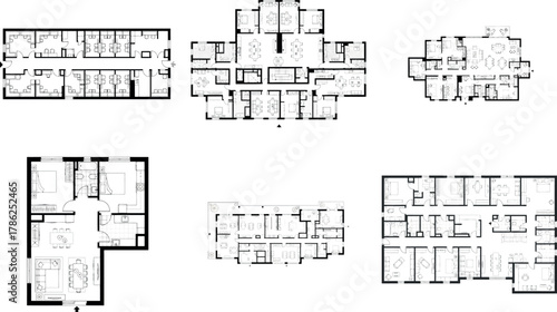 Collection of six different floor plans for residential apartments and houses