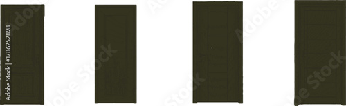 The image showcases four distinct dark brown doors, each featuring unique panel configurations that highlight their individual designs.
