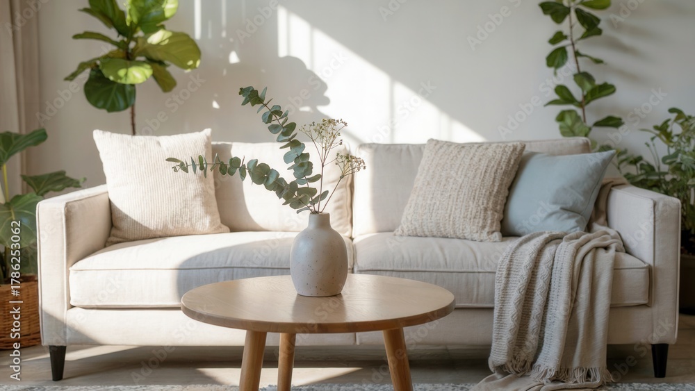 Fototapeta premium Cozy living room with a comfortable sofa, plants, and a coffee table in daylight