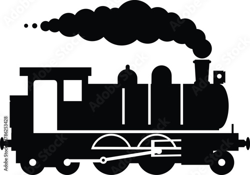 Steam locomotive silhouette, vintage train icon, black engine graphic, transportation symbol, retro railway illustration, classic steam train, historical vehicle art