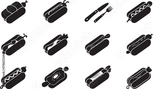 Hot dog icon set, black color and white background Illustrator Artwork