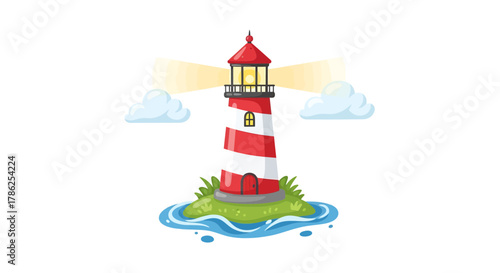 Red and white striped lighthouse emitting light beams standing on a small island