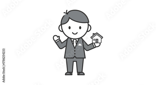 Real estate agent cartoon figure offers miniature house with friendly gesture