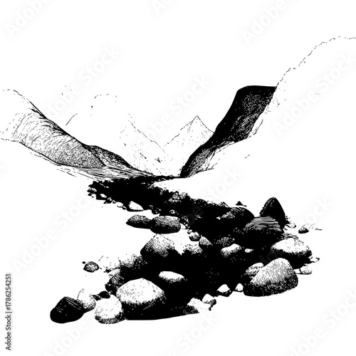 Black and white landscape drawing of mountain range with river and rocks art illustration scenic view