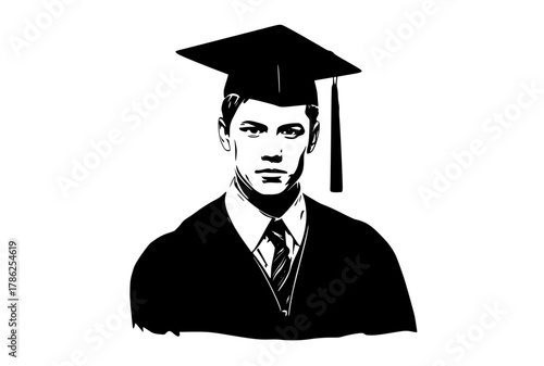a black and white silhouette of a man wearing a graduation cap and gownblack, business suit, cap, gown, graduate, illustration, man, portrait, robe, suit, tie, wear 
