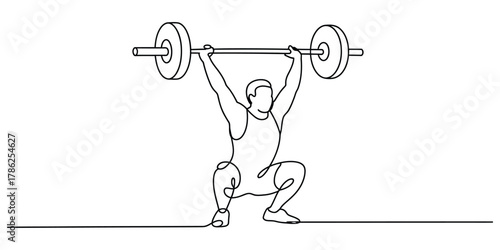 Continuous line drawing of a weightlifter lifting barbell overhead