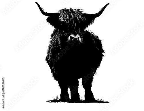 a black and white silhouette of a highland cow with long hair and hornsanimal, bison, black, buffalo, bull, cattle, fur, grass, profile, stand, trumpet, yak 