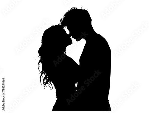 a silhouette of a couple kissing against a plain transparent backgroundcouple, forehead, hug, kiss, love, man, profile, woman 