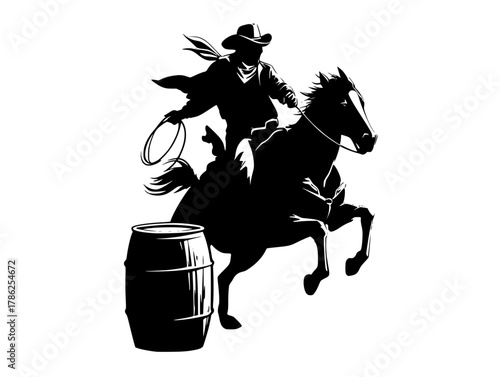 a cowboy riding a horse with a barrel in the backgroundbarrel, black, bull, cowboy, cowboy hat, horse, illustration, jump, lasso, man, profile, ride, rodeo, sun hat 